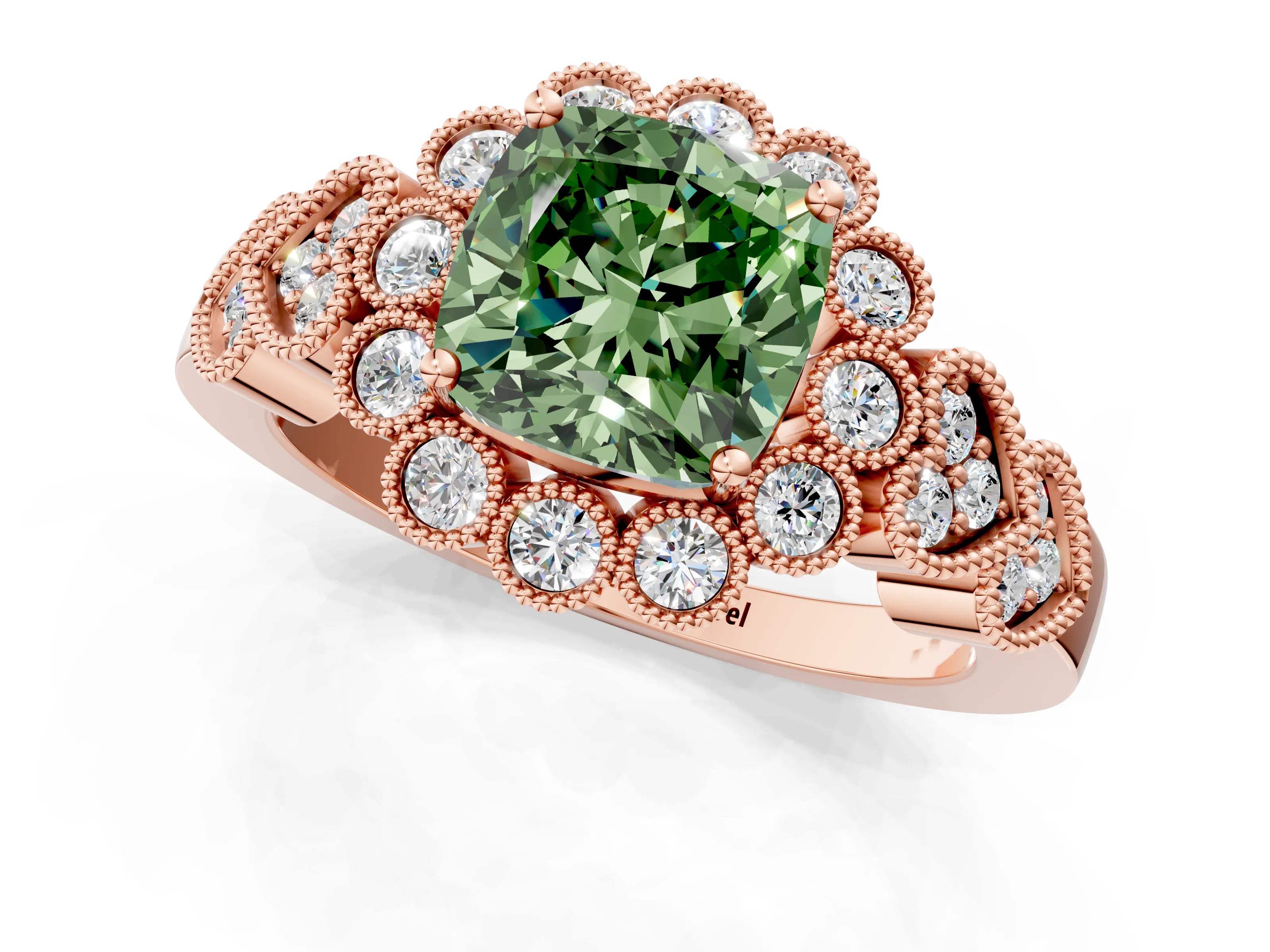 Rose gold Fancy Green Cushion Cut Brilliant Milgrain Pave Heart Band Solitaire Ring_1