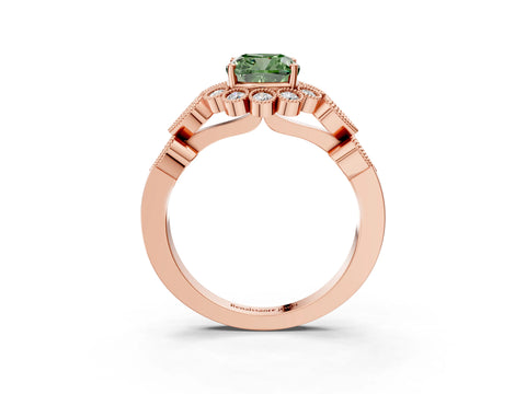 Rose gold Fancy Green Cushion Cut Brilliant Milgrain Pave Heart Band Solitaire Ring_3
