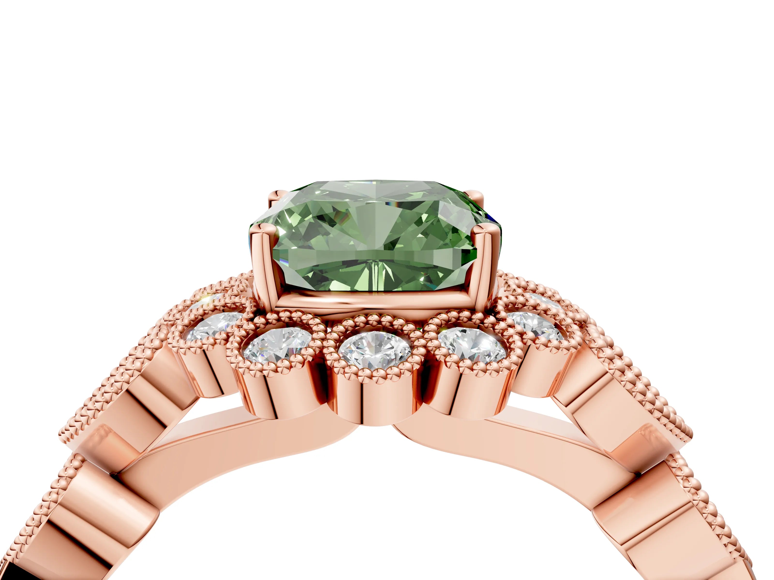 Rose gold Fancy Green Cushion Cut Brilliant Milgrain Pave Heart Band Solitaire Ring_4