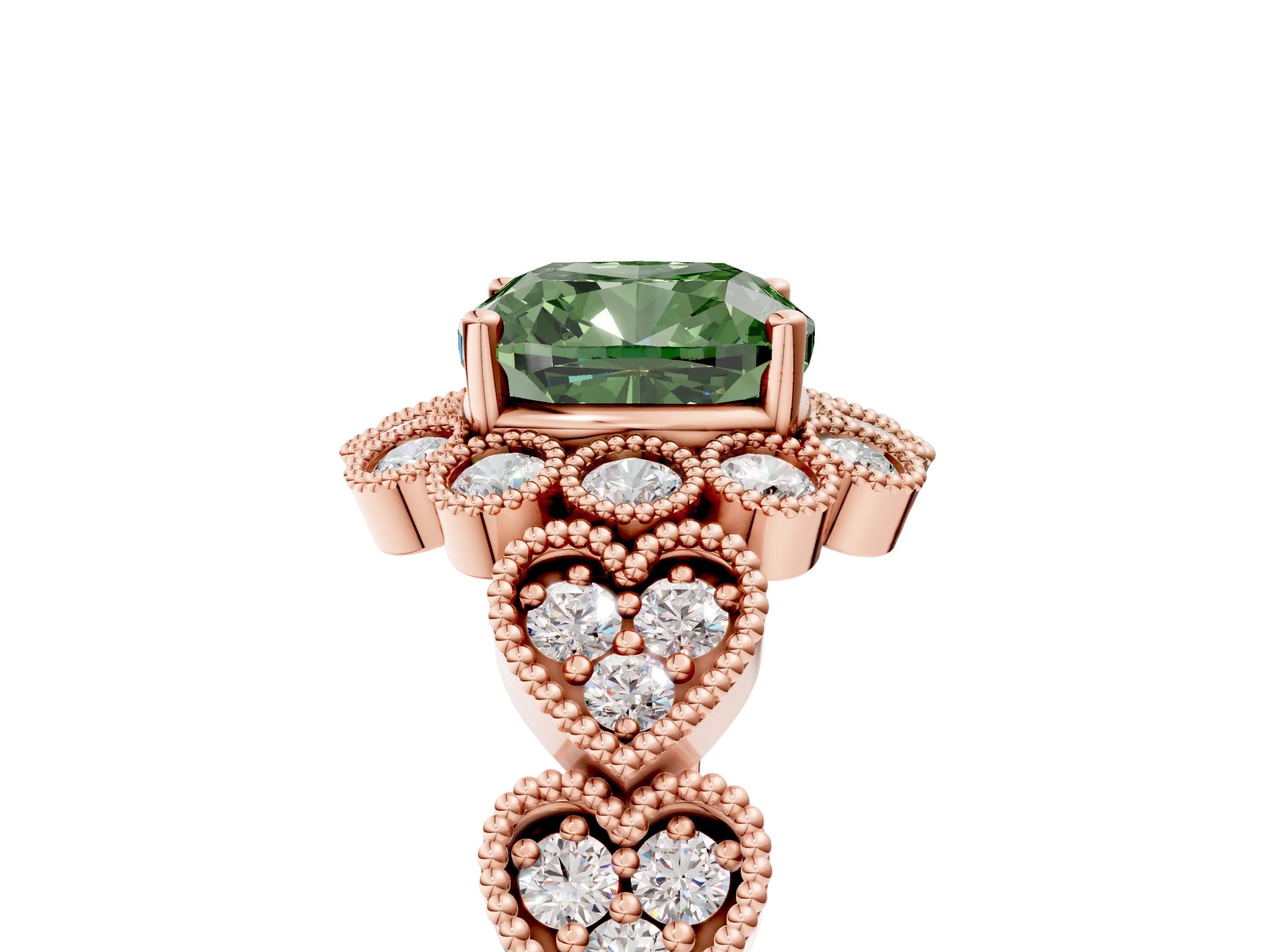 Rose gold Fancy Green Cushion Cut Brilliant Milgrain Pave Heart Band Solitaire Ring_5