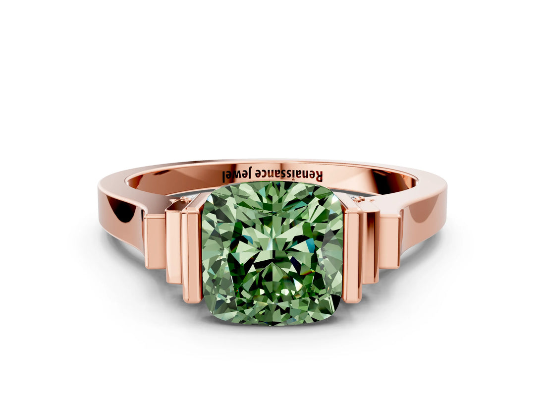 Rose gold Fancy Green Cushion Cut Brilliant Solitaire Diamond Ring with Channel Set Band and Bar Prong Setting