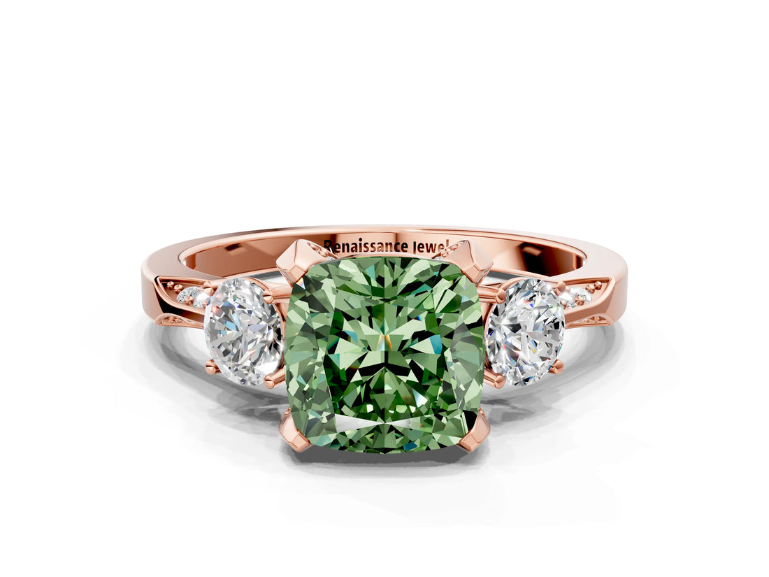 Rose gold Fancy Green Cushion Cut Brilliant Three-Stone Diamond Ring with Pavé Band and Four-Prong Setting_3