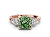 Rose gold Fancy Green Cushion Cut Brilliant Three-Stone Diamond Ring with Pavé Band and Four-Prong Setting_3