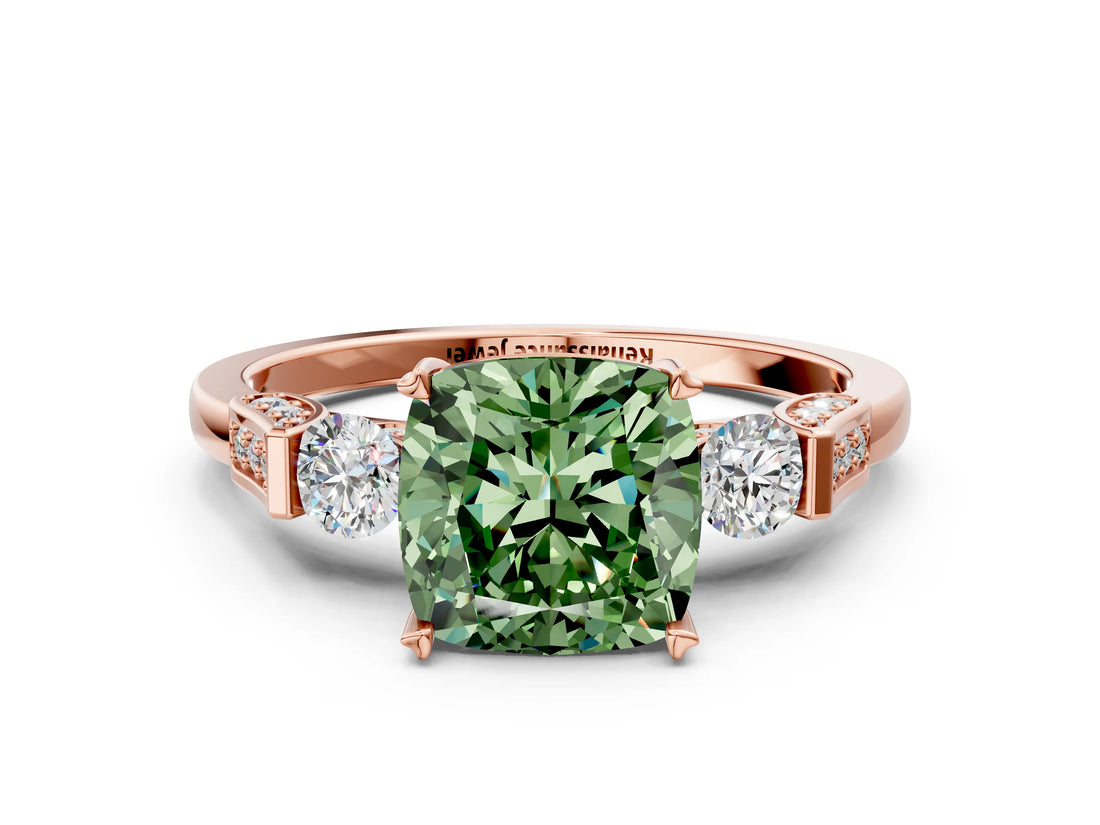 Rose gold Fancy Green Cushion Cut Brilliant Three-Stone Pave Band with Four-Prong Setting