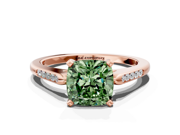 Rose gold Fancy Green Cushion  Cut Channel Set Solitaire Engagement Ring with Four-Prong Setting