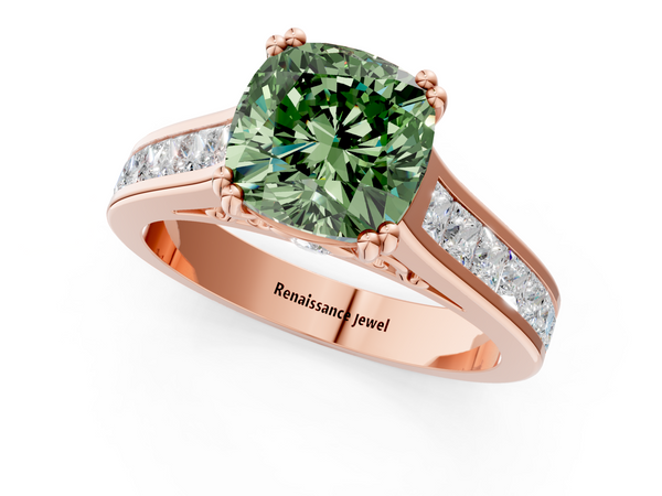 Rose Gold Cushion Cut Channel Set Solitaire Engagement Ring Setting for Fancy Green Center with Double Claw Prongs