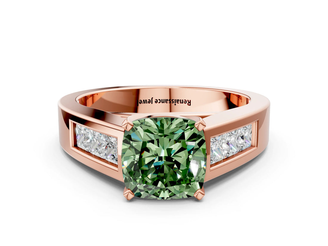 Rose gold Fancy Green Cushion Cut Cut Channel Set Solitaire Ring with Four-Prong Setting