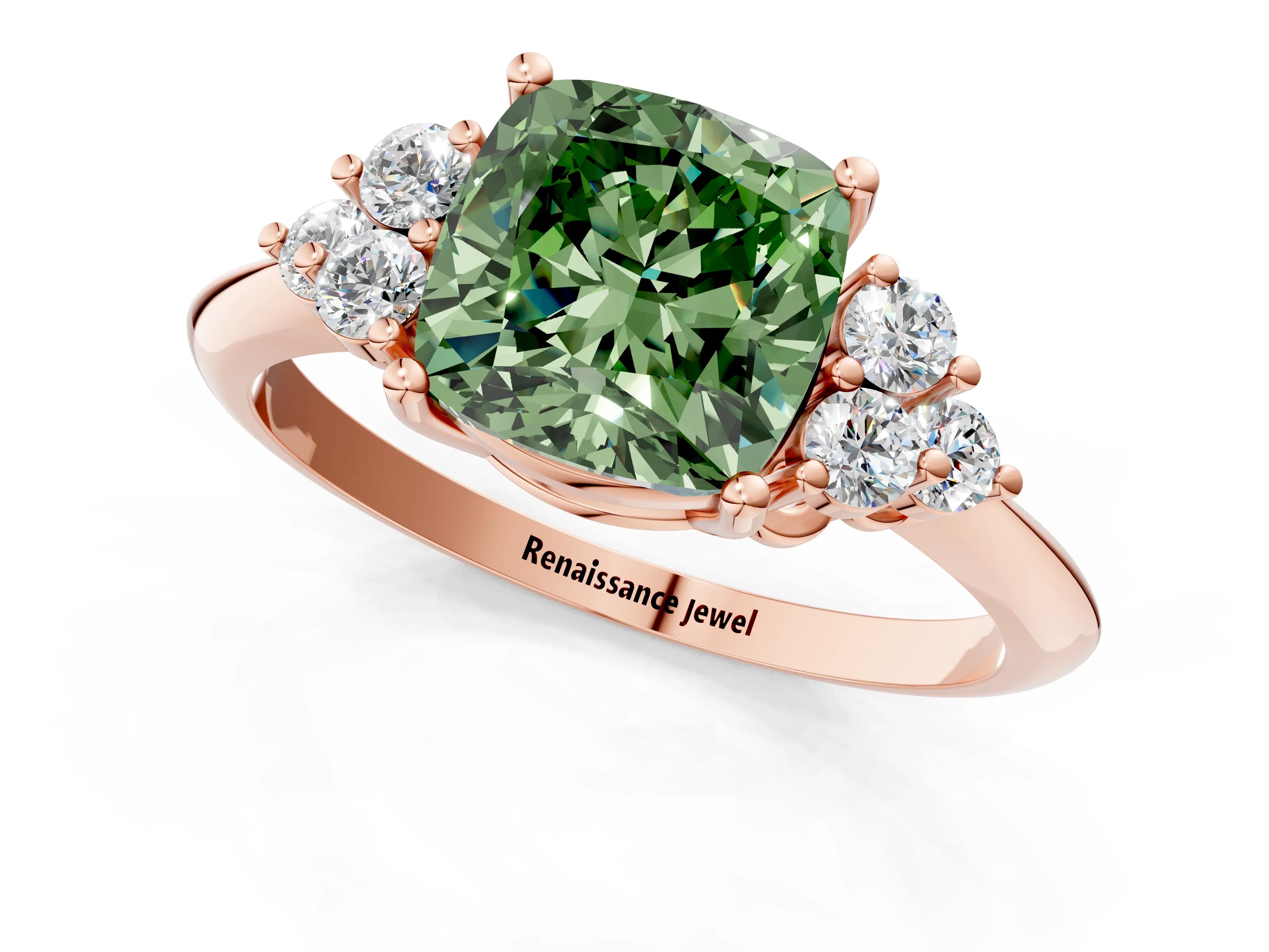 Rose gold Fancy Green Cushion Cut Cut Diamond Cluster Ring with Solitaire Band and Four-Prong Setting_1