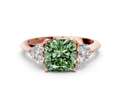 Rose gold Fancy Green Cushion Cut Cut Diamond Cluster Ring with Solitaire Band and Four-Prong Setting
