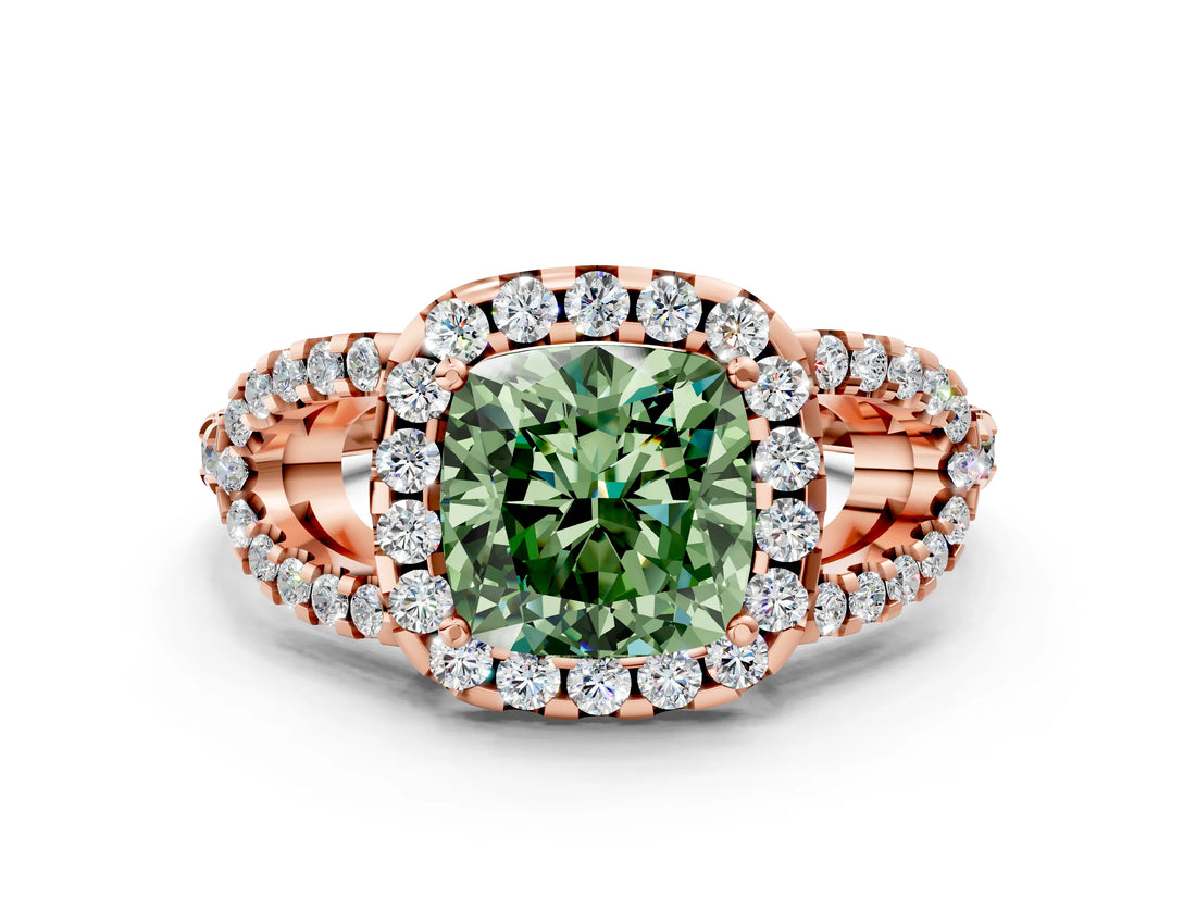 Rose gold Fancy Green Cushion Cut Cut Diamond Halo Engagement Ring with Open Split Pavé Band