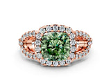 Rose gold Fancy Green Cushion Cut Cut Diamond Halo Engagement Ring with Open Split Pavé Band