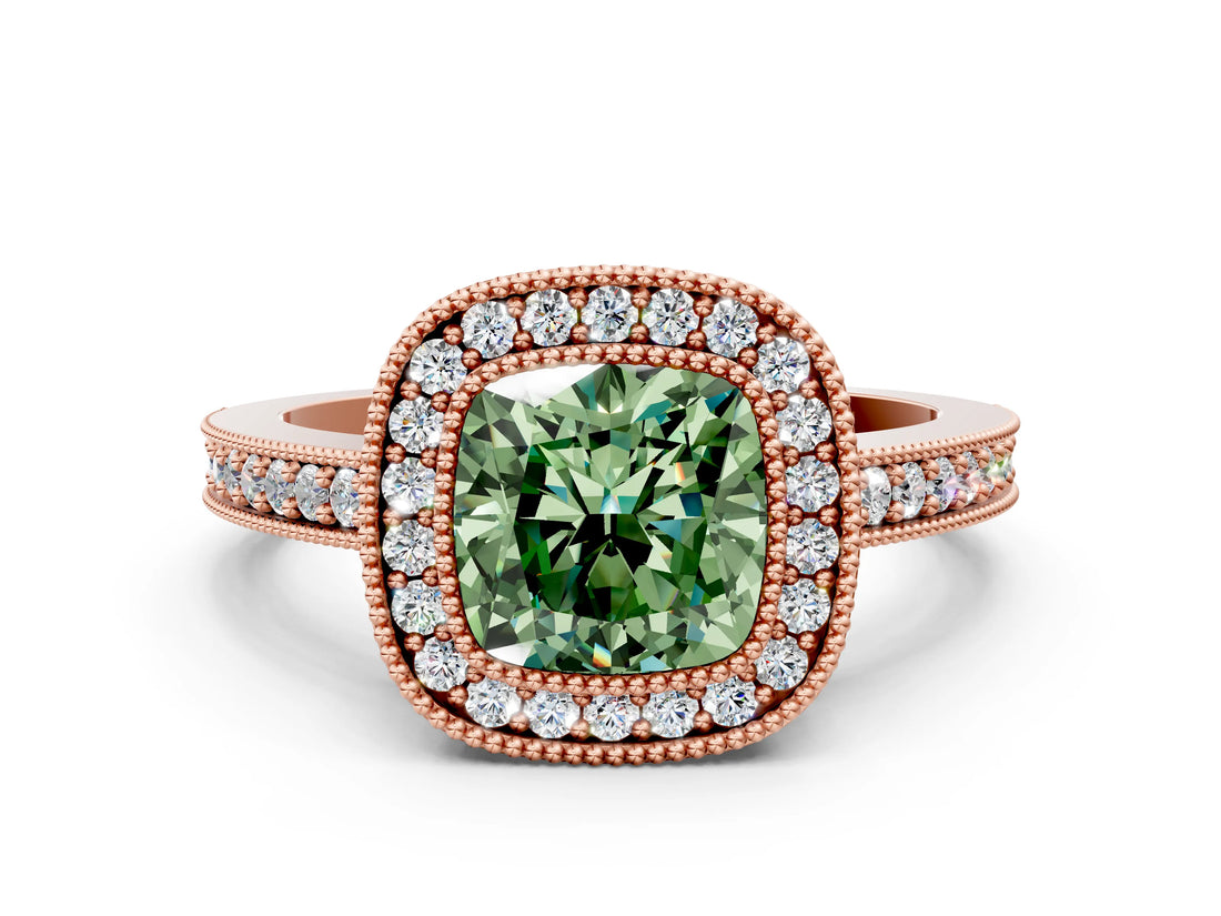 Rose gold Fancy Green Cushion Cut-Cut Diamond Halo Engagement Ring with Pave Band and Prong Setting