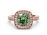 Rose gold Fancy Green Cushion Cut-Cut Diamond Halo Engagement Ring with Pave Band and Prong Setting