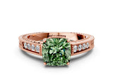 Rose gold Fancy Green Cushion Cut Cut Diamond Milgrain Pave Band Four-Prong Setting Ring_3