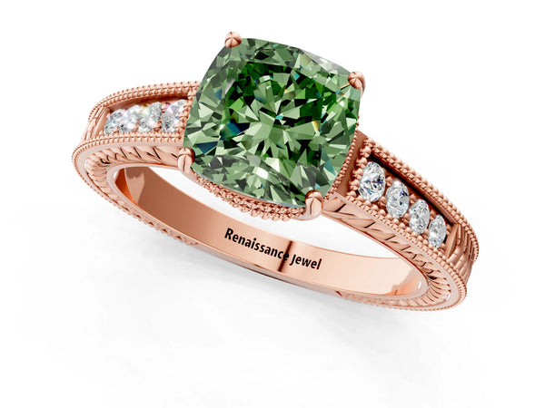 Rose gold Fancy Green Cushion Cut Cut Diamond Milgrain Pave Band Four-Prong Setting Ring