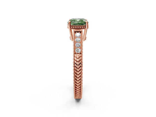 Rose gold Fancy Green Cushion Cut Cut Diamond Milgrain Pave Band Four-Prong Setting Ring