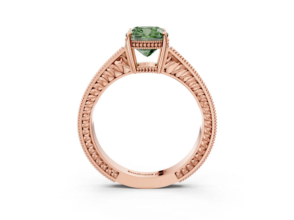 Rose gold Fancy Green Cushion Cut Cut Diamond Milgrain Pave Band Four-Prong Setting Ring