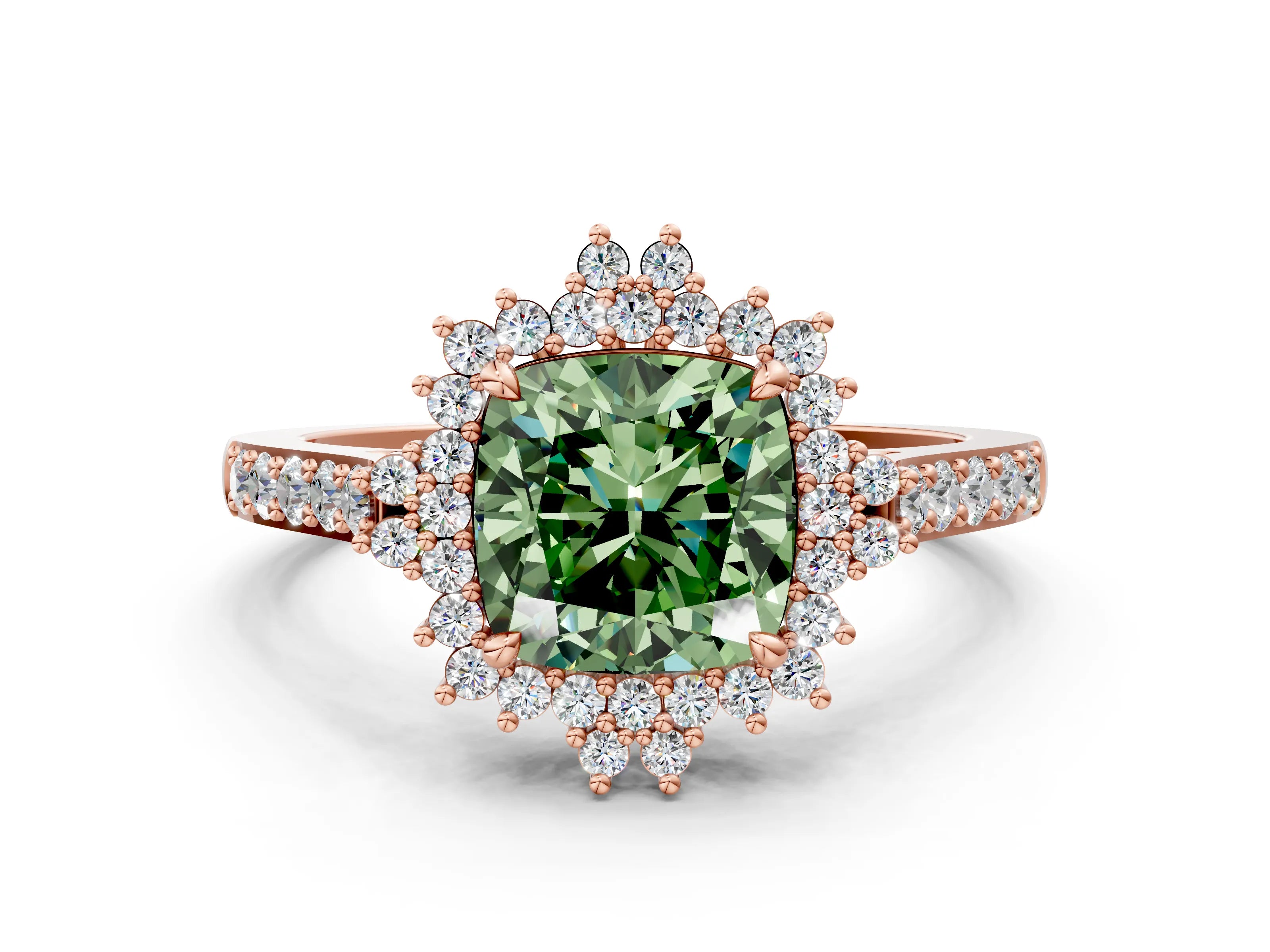 Rose gold Fancy Green Cushion Cut Cut Diamond Sunburst Halo Engagement Ring with Pavé Band