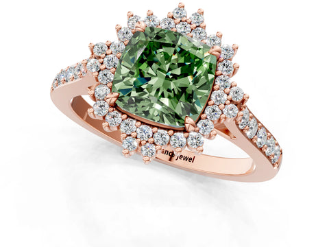Rose gold Fancy Green Cushion Cut Cut Diamond Sunburst Halo Engagement Ring with Pavé Band_1