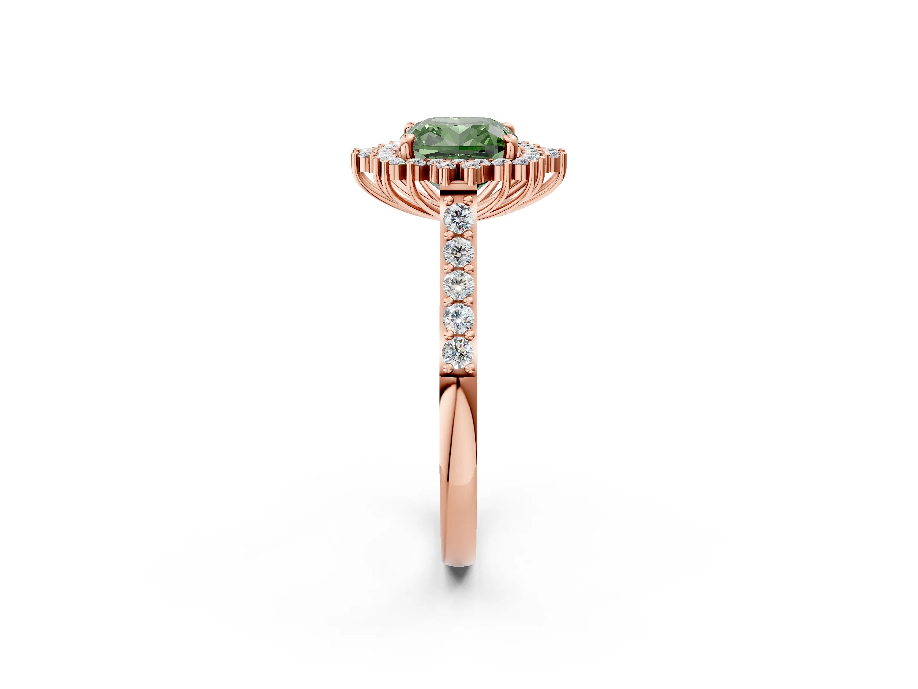 Rose gold Fancy Green Cushion Cut Cut Diamond Sunburst Halo Engagement Ring with Pavé Band_2