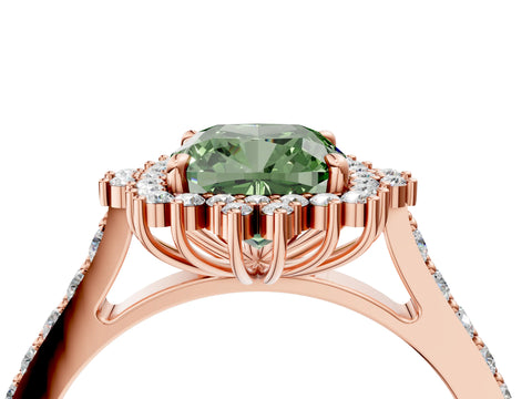 Rose gold Fancy Green Cushion Cut Cut Diamond Sunburst Halo Engagement Ring with Pavé Band_4