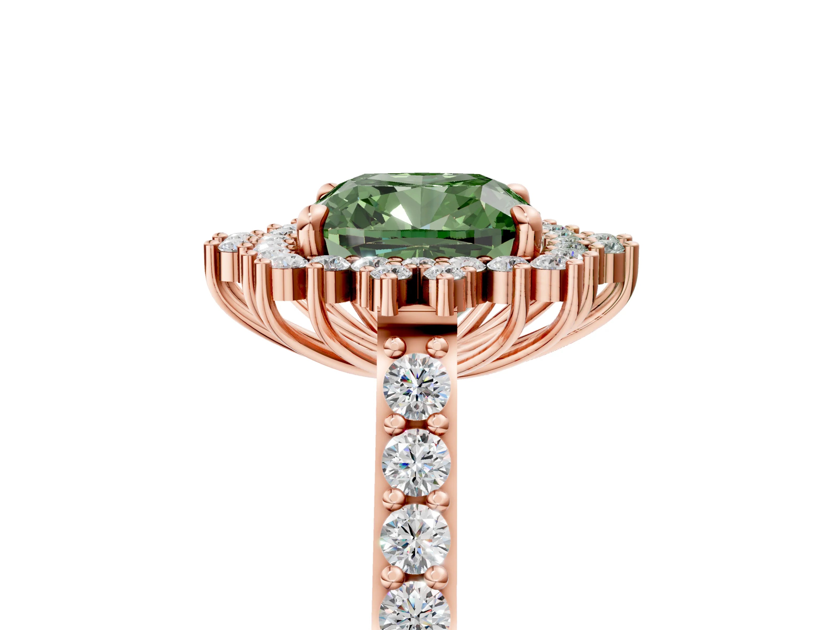 Rose gold Fancy Green Cushion Cut Cut Diamond Sunburst Halo Engagement Ring with Pavé Band_5