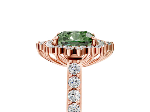 Rose gold Fancy Green Cushion Cut Cut Diamond Sunburst Halo Engagement Ring with Pavé Band_5