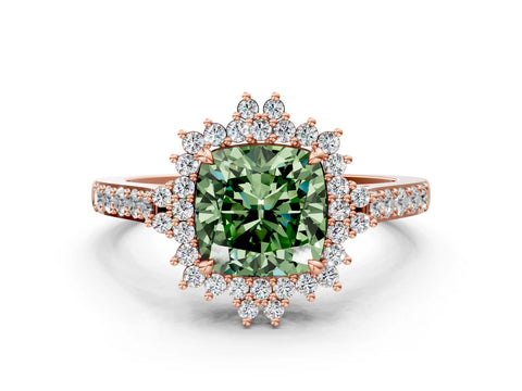Rose gold Fancy Green Cushion Cut Cut Diamond Sunburst Halo Engagement Ring with Pavé Band