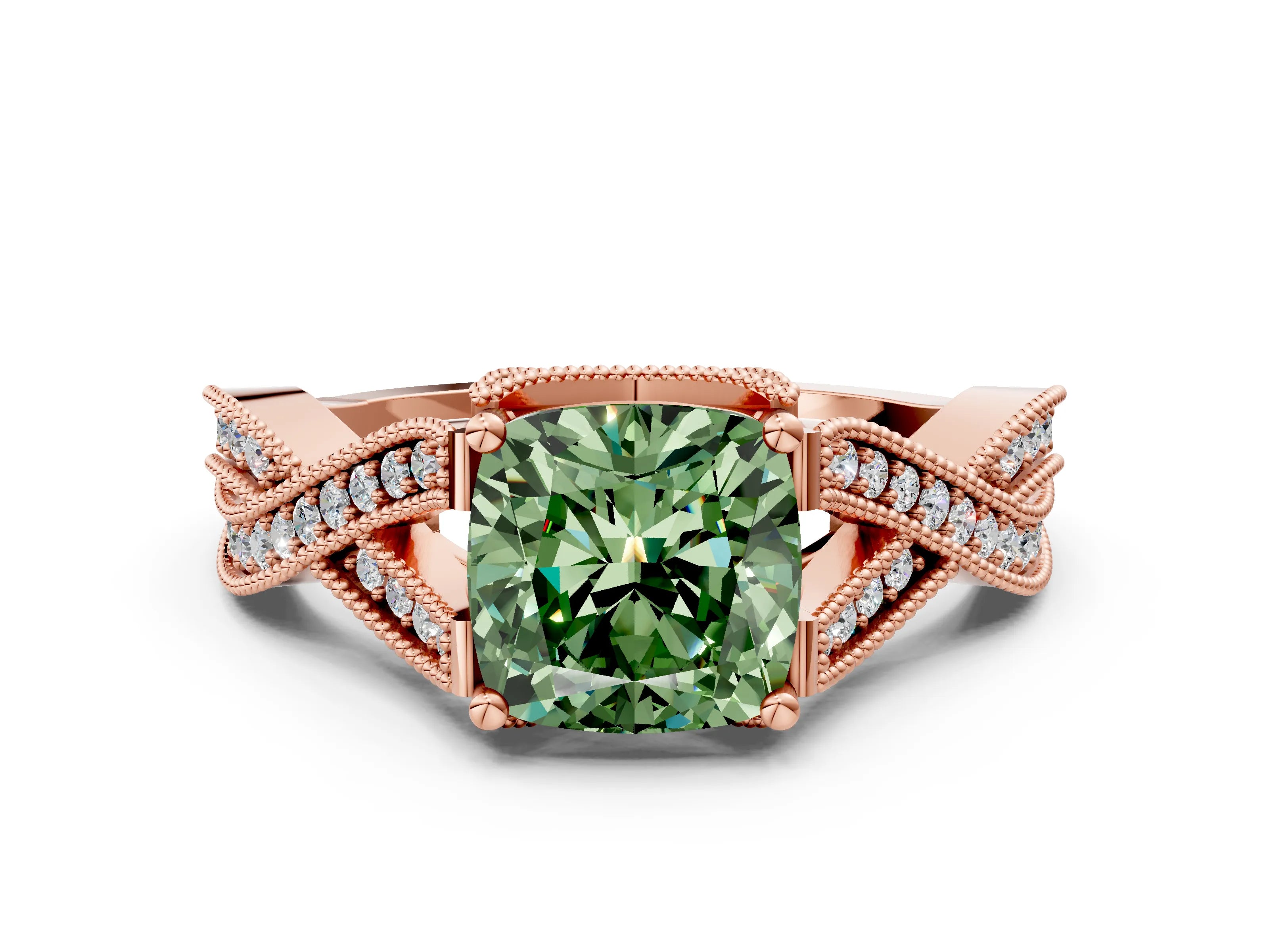 Rose gold Fancy Green Cushion Cut Cut Diamond Twisted Band with Milgrain Pave Setting and Four-Prong Setting