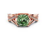 Rose gold Fancy Green Cushion Cut Cut Diamond Twisted Band with Milgrain Pave Setting and Four-Prong Setting