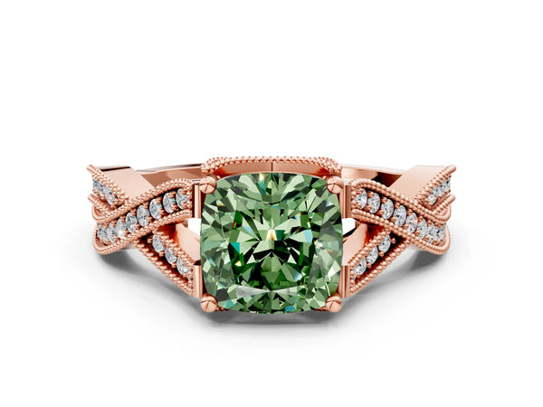 Rose gold Fancy Green Cushion Cut Cut Diamond Twisted Band with Milgrain Pave Setting and Four-Prong Setting