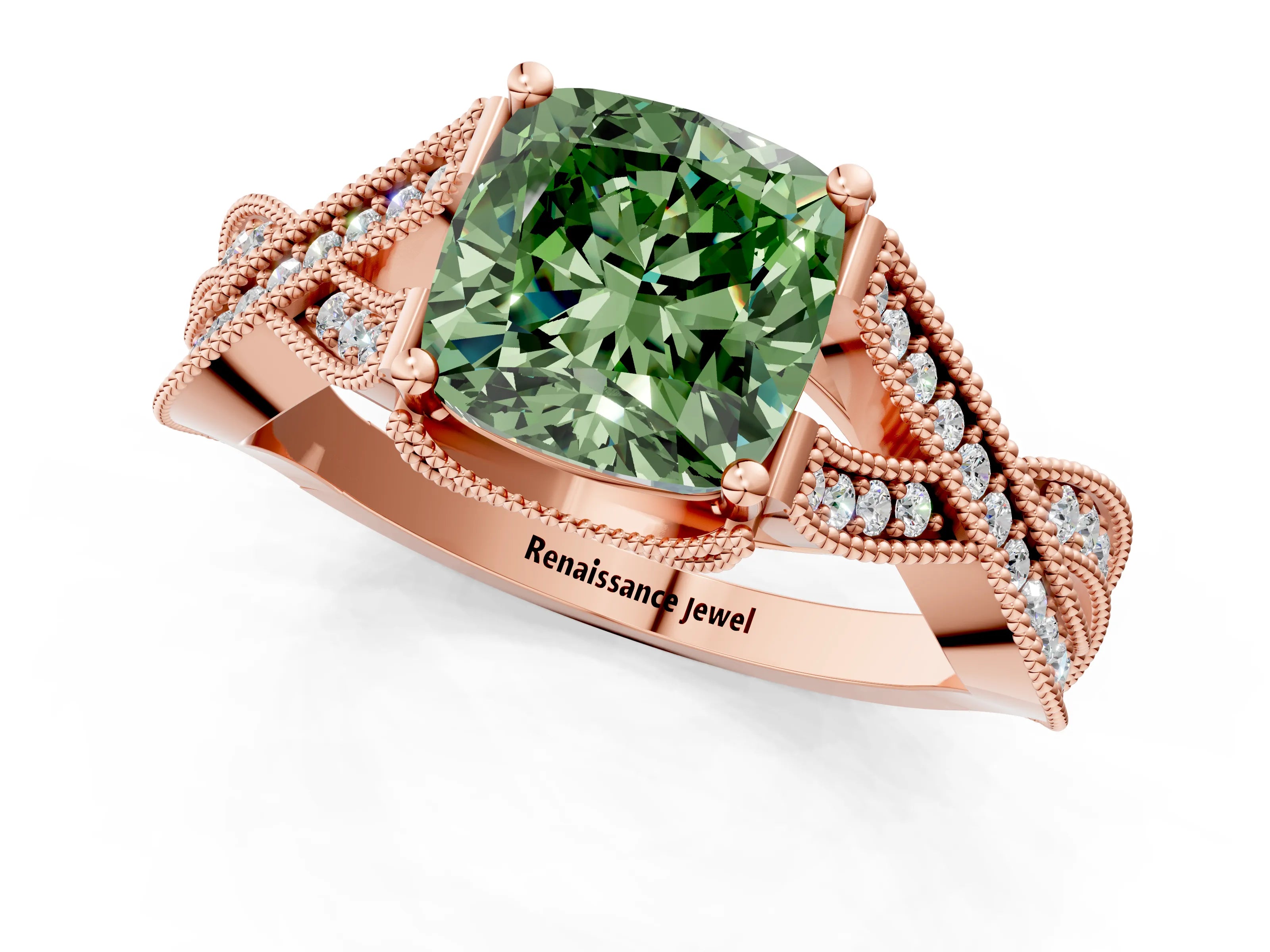Rose gold Fancy Green Cushion Cut Cut Diamond Twisted Band with Milgrain Pave Setting and Four-Prong Setting_1