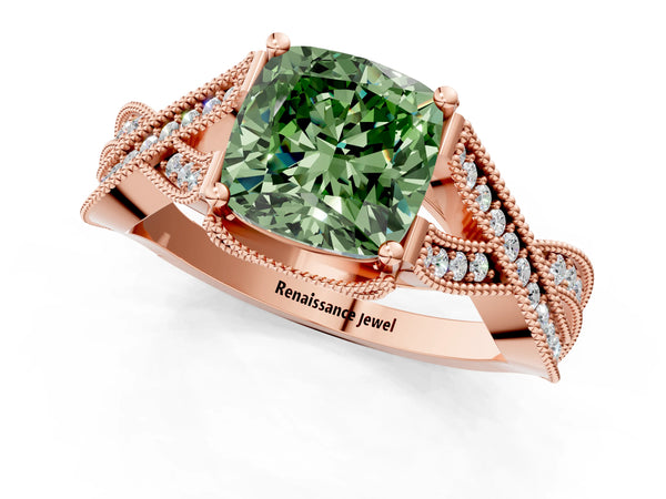 Rose gold Fancy Green Cushion Cut Cut Diamond Twisted Band with Milgrain Pave Setting and Four-Prong Setting