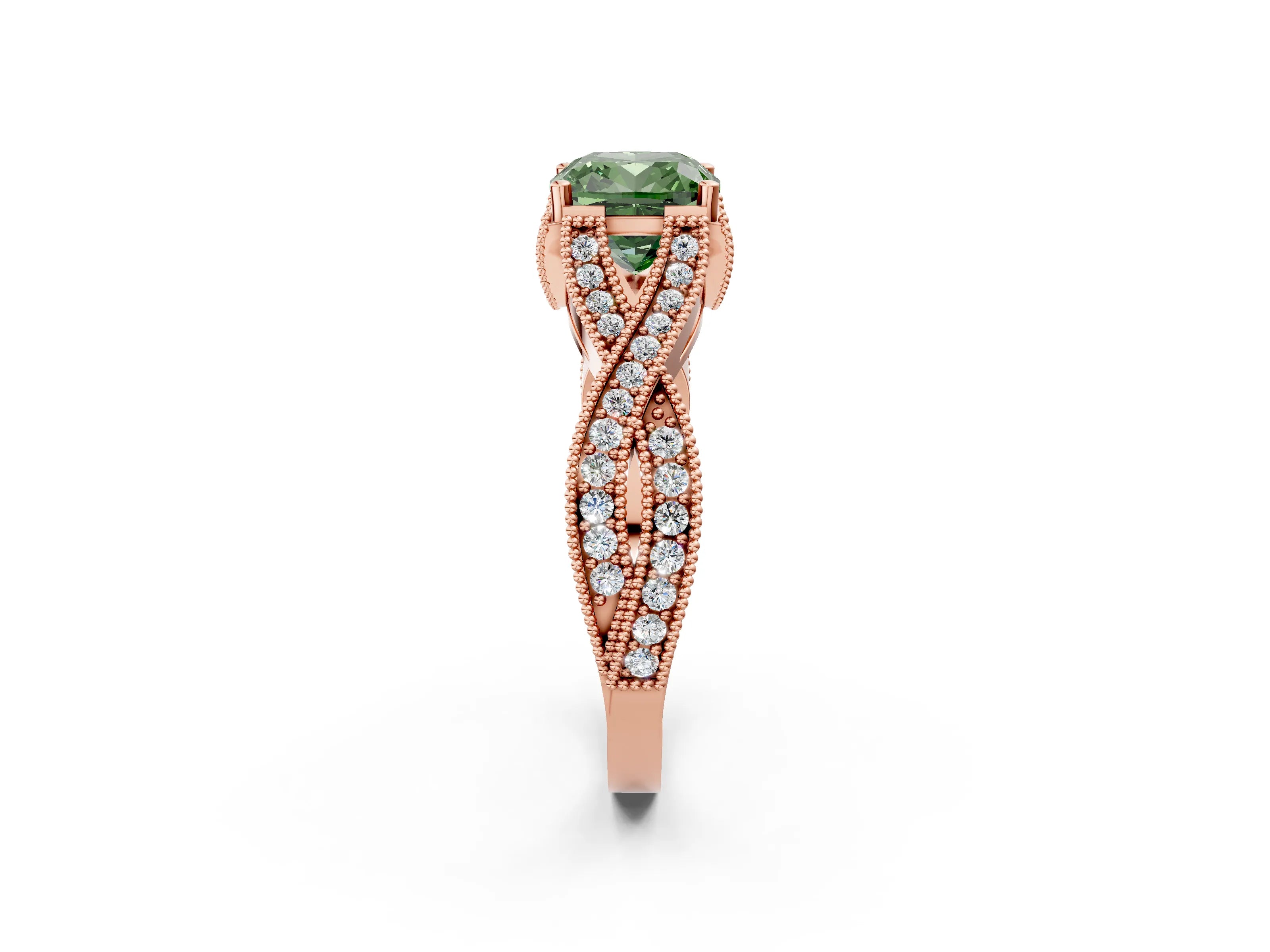 Rose gold Fancy Green Cushion Cut Cut Diamond Twisted Band with Milgrain Pave Setting and Four-Prong Setting_2
