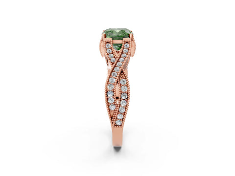 Rose gold Fancy Green Cushion Cut Cut Diamond Twisted Band with Milgrain Pave Setting and Four-Prong Setting_2