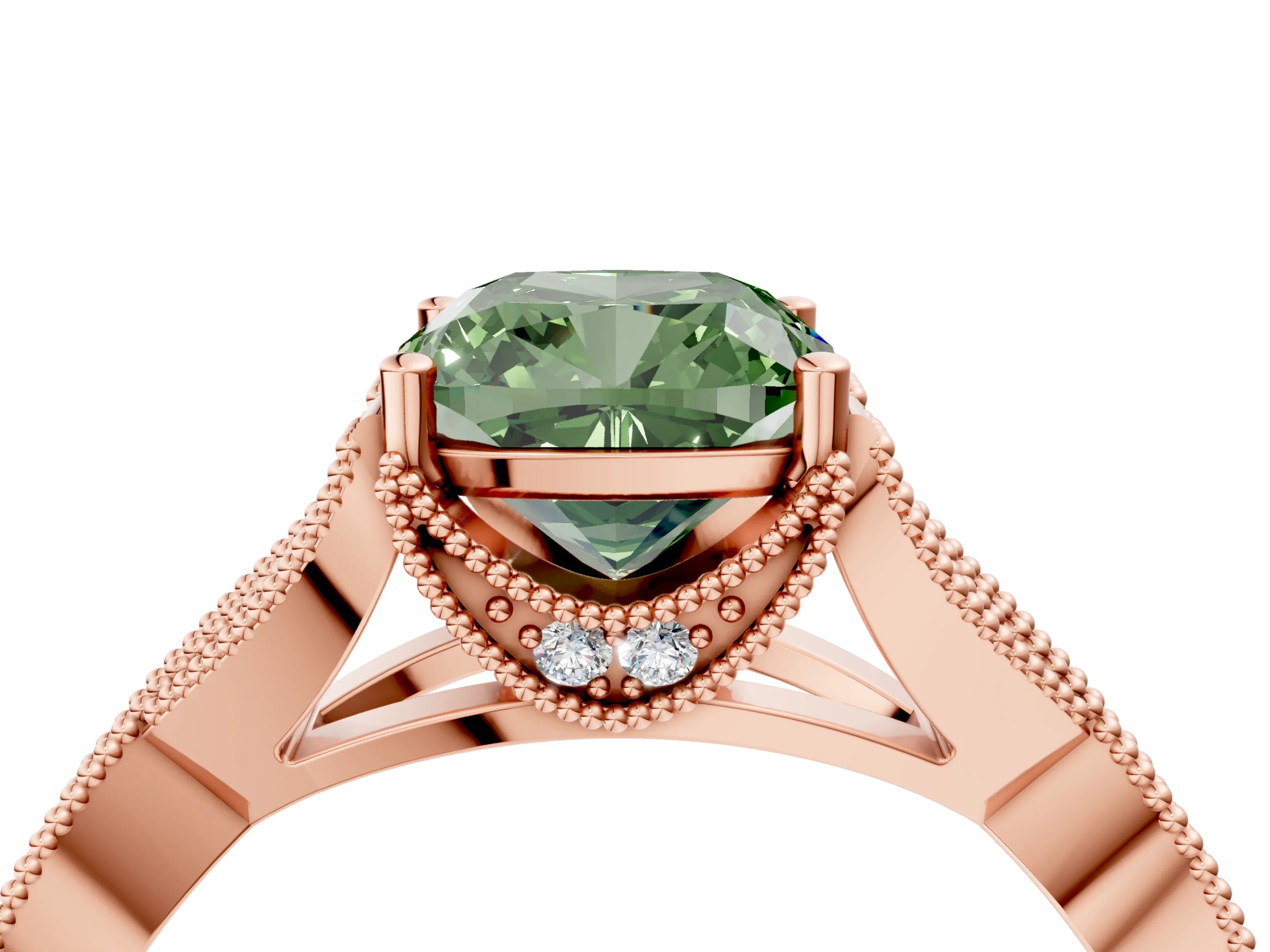 Rose gold Fancy Green Cushion Cut Cut Diamond Twisted Band with Milgrain Pave Setting and Four-Prong Setting_4