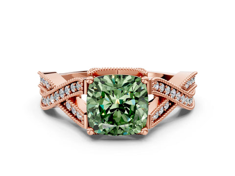 Rose gold Fancy Green Cushion Cut Cut Diamond Twisted Band with Milgrain Pave Setting and Four-Prong Setting