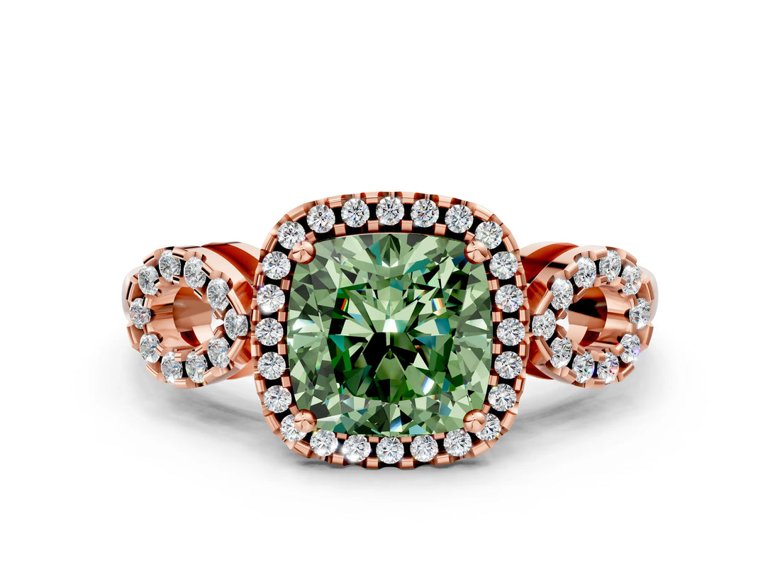 Rose gold Fancy Green Cushion Cut Cut Halo Diamond Infinity Band with Four-Prong Setting