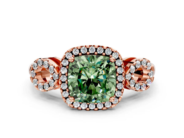 Rose Gold Cushion Cut Pave Infinity Halo Engagement Ring Setting for Fancy Green Center
