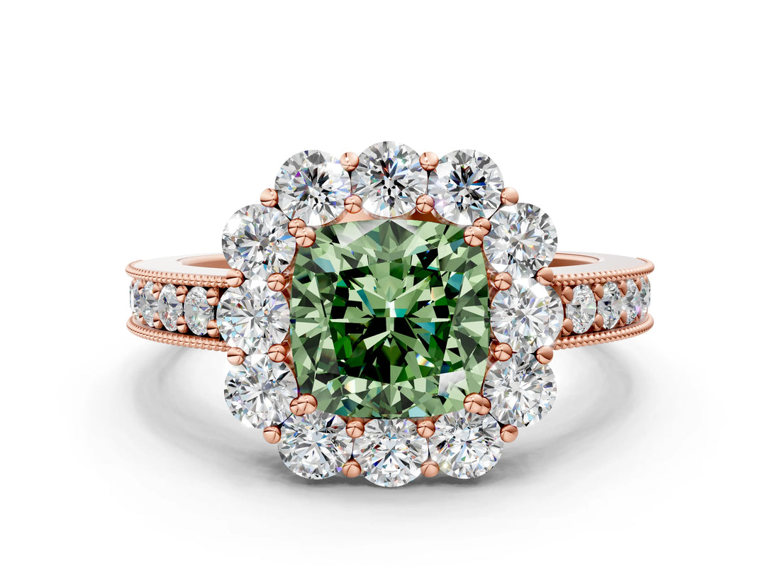 Rose gold Fancy Green Cushion Cut Cut Halo Diamond Pavé Engagement Ring with Milgrain Detailing