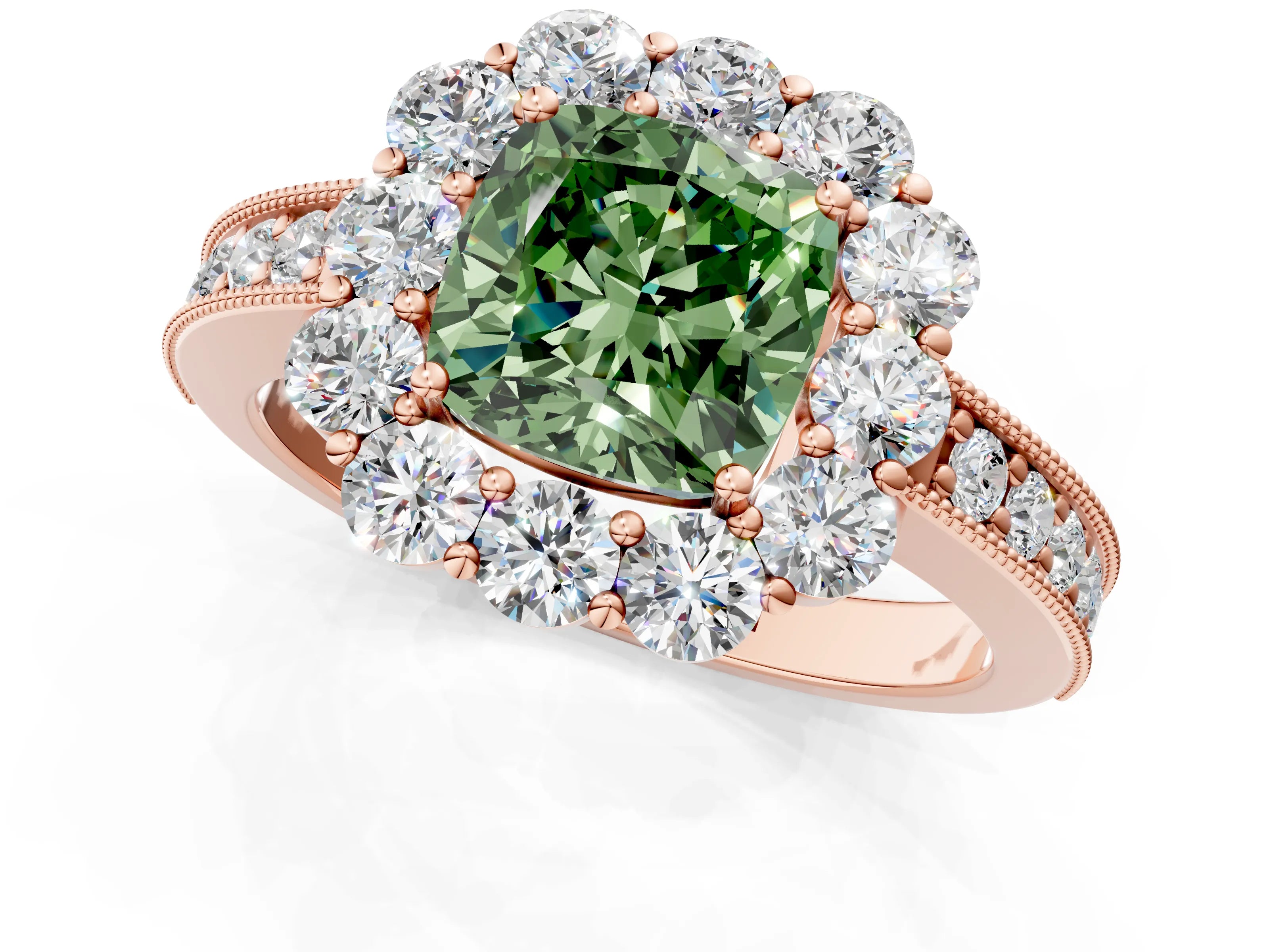 Rose gold Fancy Green Cushion Cut Cut Halo Diamond Pavé Engagement Ring with Milgrain Detailing_1