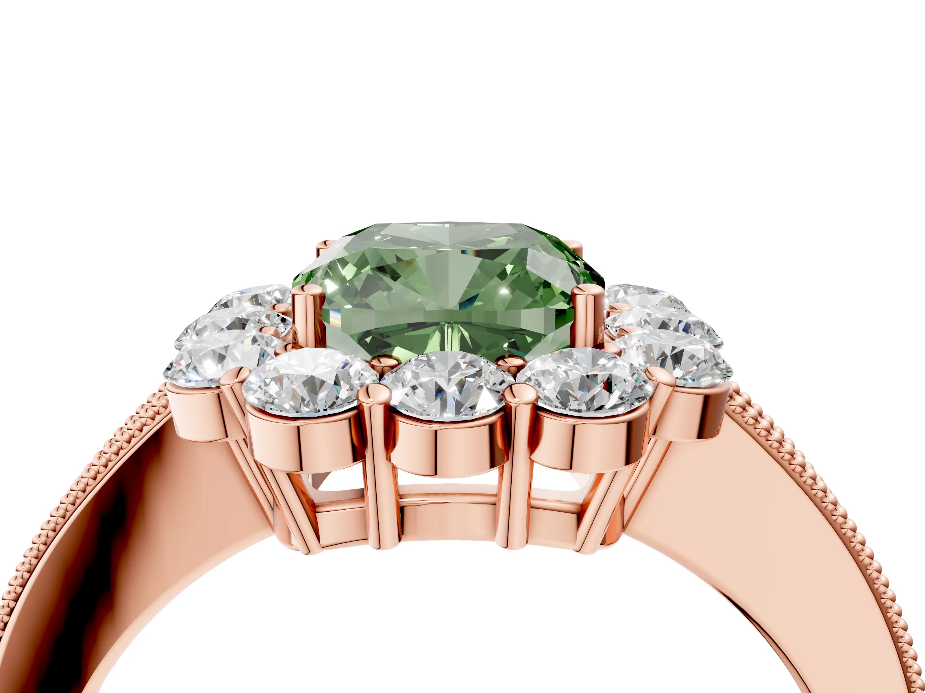Rose gold Fancy Green Cushion Cut Cut Halo Diamond Pavé Engagement Ring with Milgrain Detailing_4