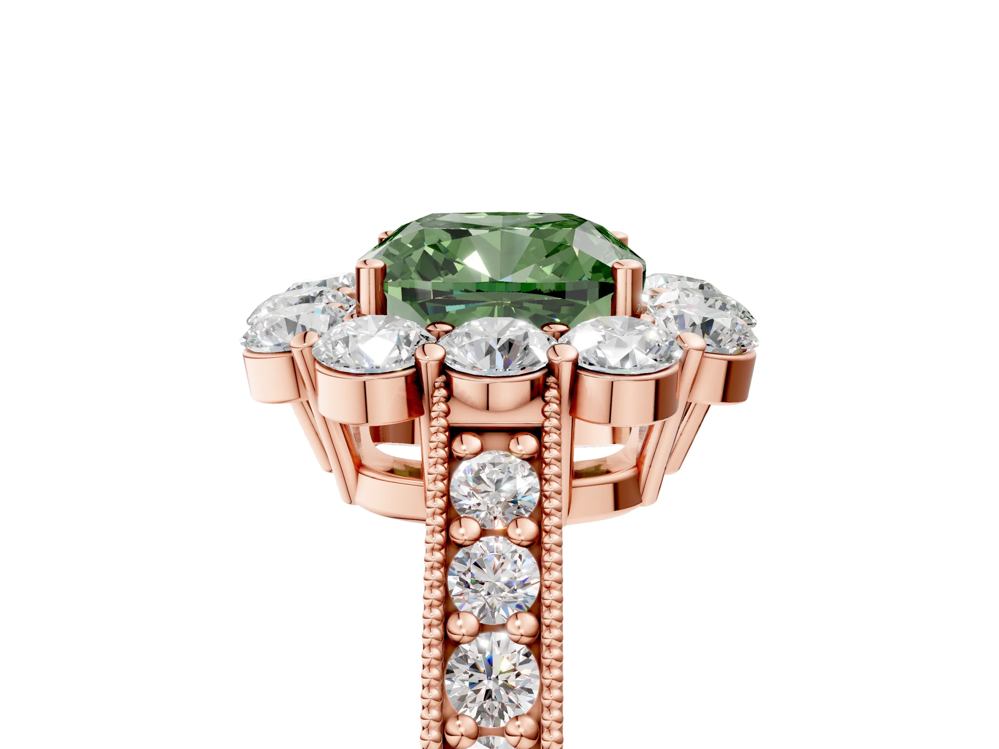 Rose gold Fancy Green Cushion Cut Cut Halo Diamond Pavé Engagement Ring with Milgrain Detailing_5