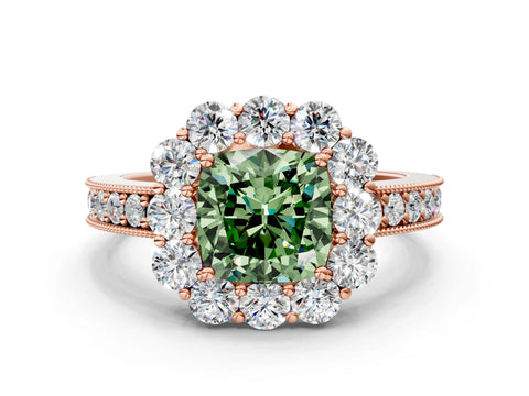 Rose gold Fancy Green Cushion Cut Cut Halo Diamond Pavé Engagement Ring with Milgrain Detailing