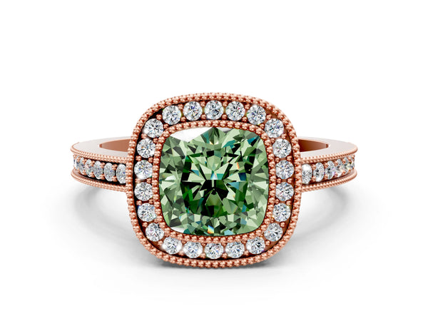 Rose Gold Cushion Cut Double Milgrain Halo Engagement Ring Setting for Fancy Green Center