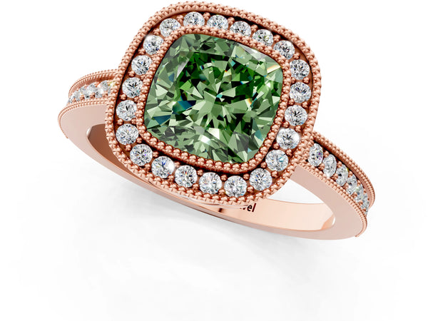 Rose Gold Cushion Cut Double Milgrain Halo Engagement Ring Setting for Fancy Green Center