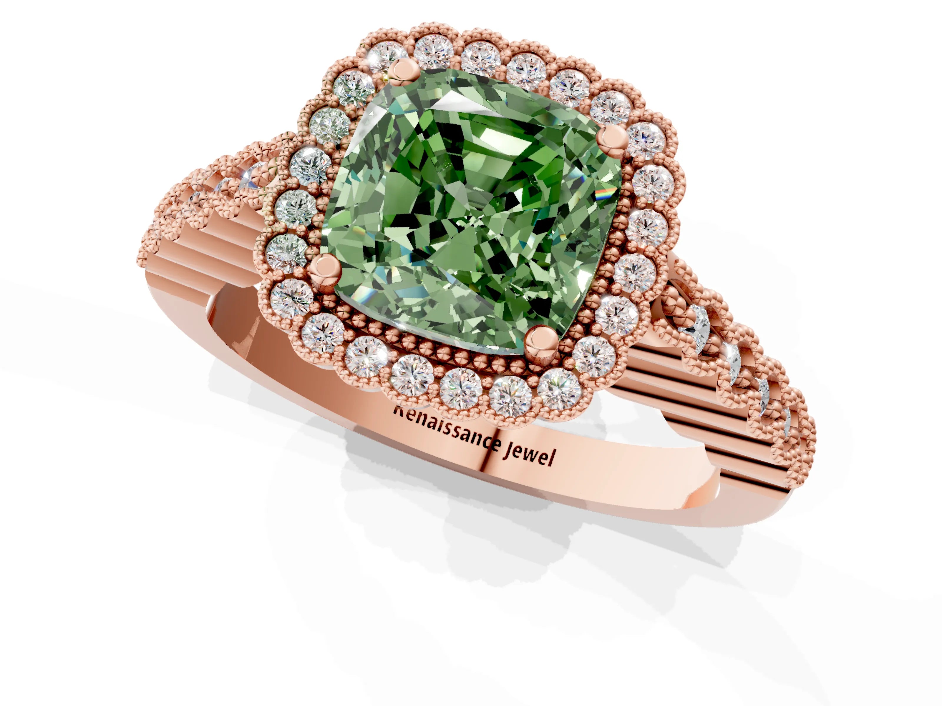 Rose gold Fancy Green Cushion Cut Cut Halo Pavé Solitaire Ring with Milgrain Band_1