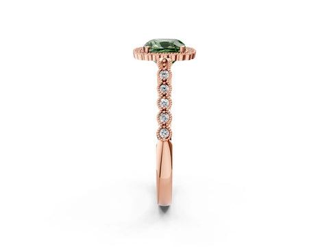 Rose gold Fancy Green Cushion Cut Cut Halo Pavé Solitaire Ring with Milgrain Band_2