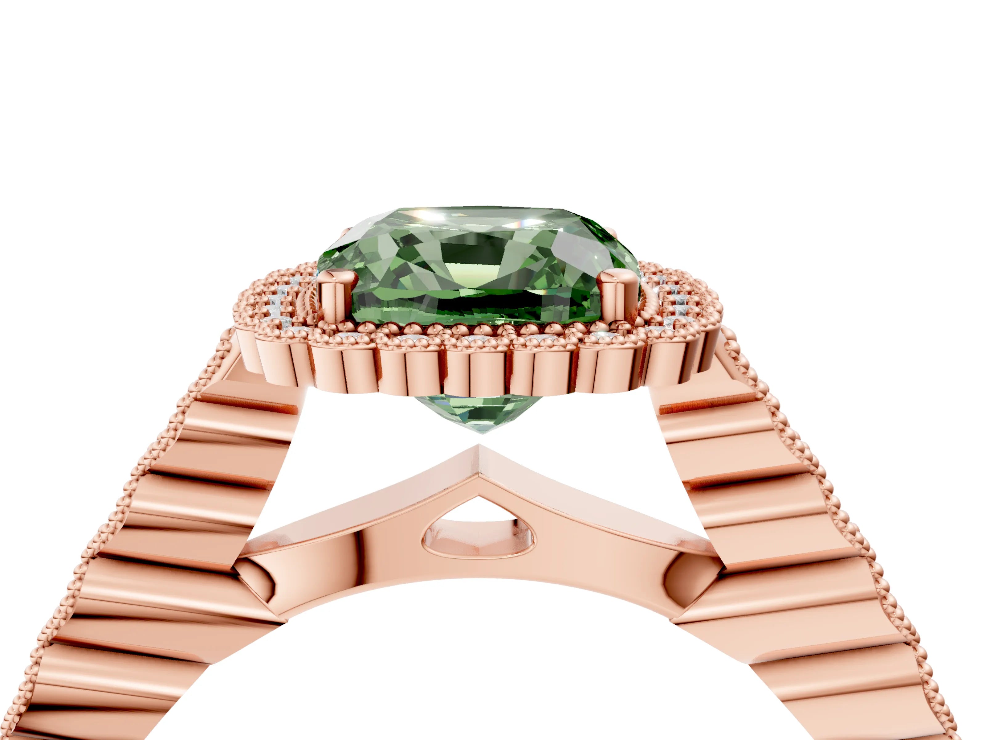 Rose gold Fancy Green Cushion Cut Cut Halo Pavé Solitaire Ring with Milgrain Band_4