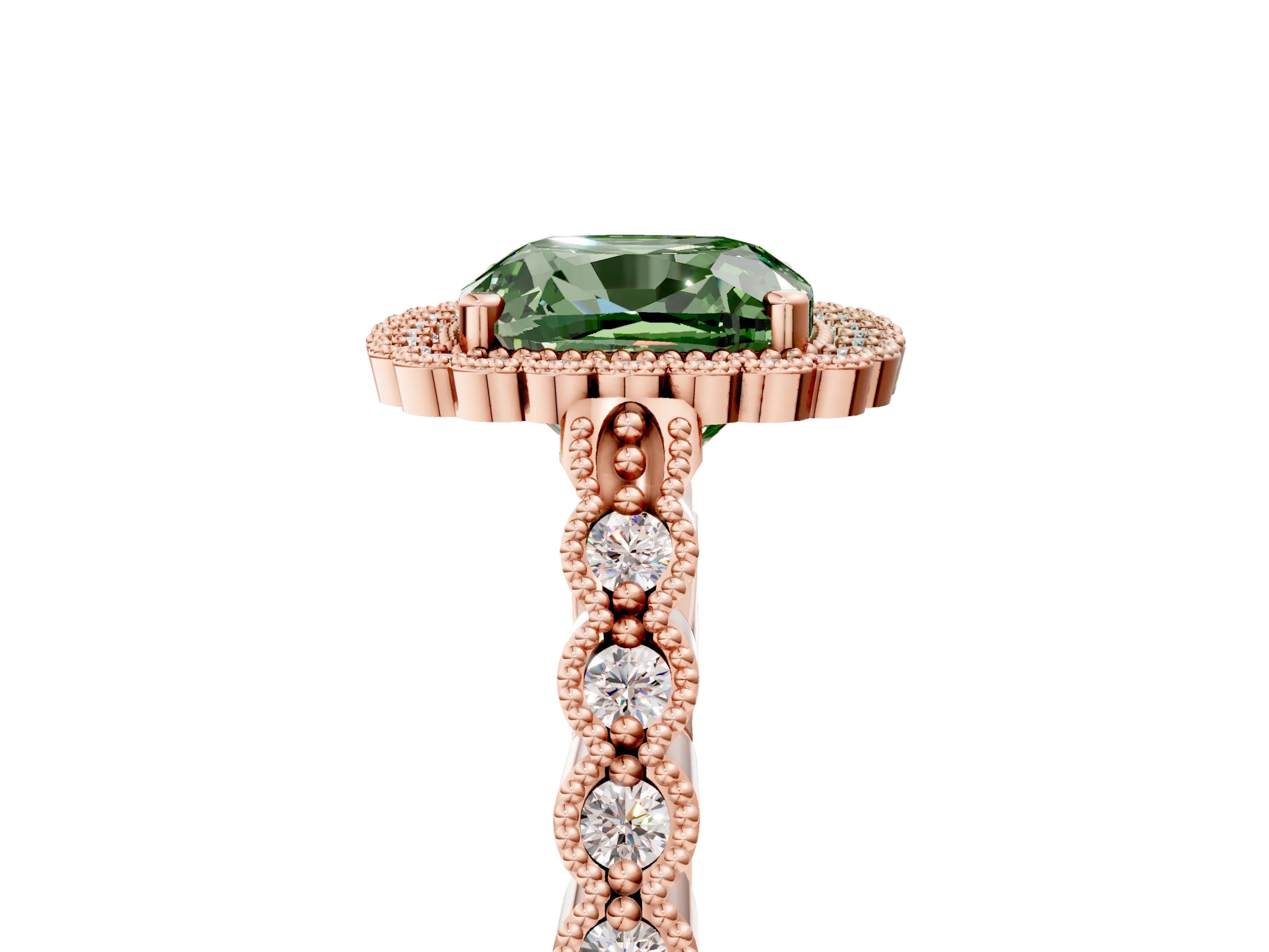 Rose gold Fancy Green Cushion Cut Cut Halo Pavé Solitaire Ring with Milgrain Band_5